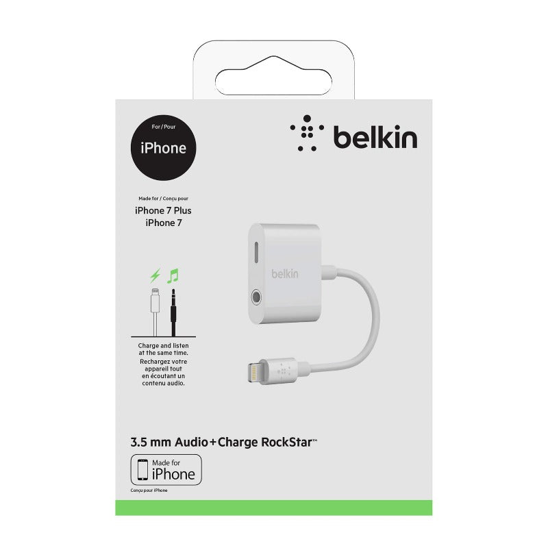 Adaptateur Belkin Audio + Charge Rockstar 3,5 mm pour iPhone - Blanc