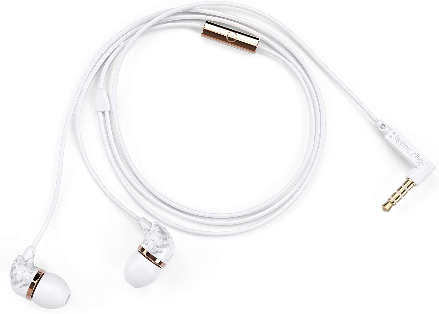 Happy Plugs Écouteurs intra-auriculaires Fashion-Tech avec micro et télécommande, marbre blanc