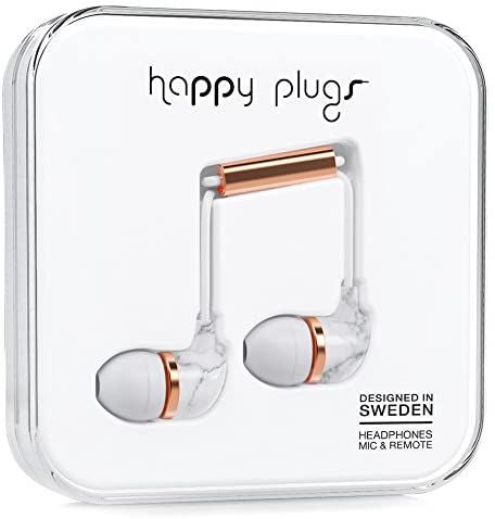 Happy Plugs In-Ear Fashion-Tech Auriculares con micrófono y control remoto, mármol blanco