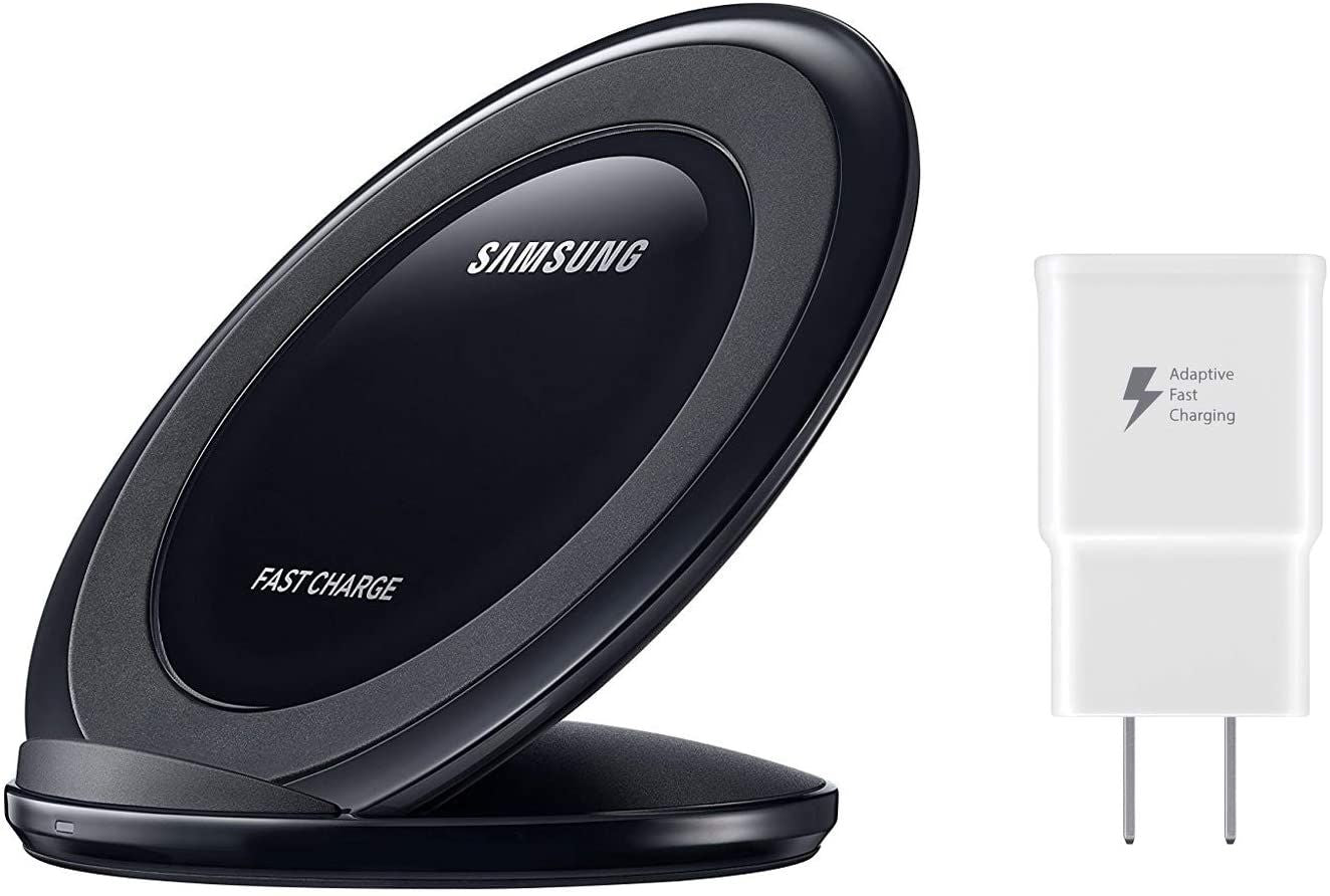 Almohadilla de carga inalámbrica con cargador rápido certificado Qi de Samsung + soporte - Negro